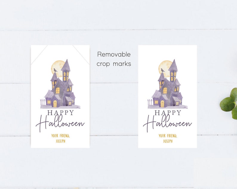 May include: A purple and white Halloween card with a haunted house illustration and the text "Happy Halloween" and "Your Friend, Joseph".