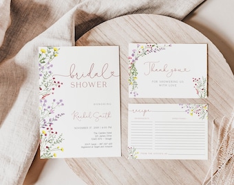 Wildflower Bridal Shower Invitation Set: Boho Recipe Card Template (Corjl)