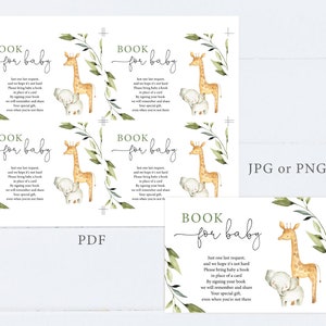 Puede incluir: Un cartel imprimible para una fiesta de bienvenida al beb&eacute; con una ilustraci&oacute;n de una jirafa y un elefante. El cartel dice "Libro para beb&eacute;" y solicita a los invitados que firmen un libro en lugar de una tarjeta. El cartel est&aacute; disponible en formatos PDF, JPG o PNG.