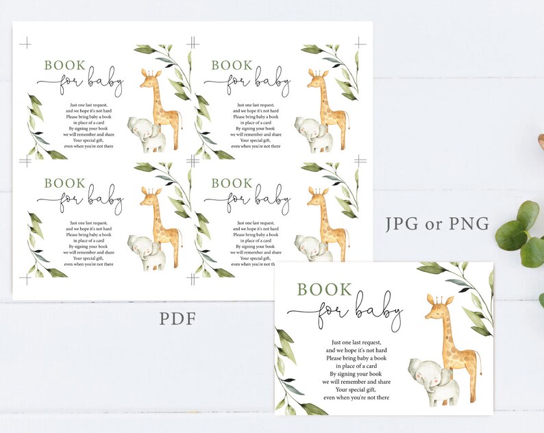 Puede incluir: Un cartel imprimible para una fiesta de bienvenida al beb&eacute; con una ilustraci&oacute;n de una jirafa y un elefante. El cartel dice "Libro para beb&eacute;" y solicita a los invitados que firmen un libro en lugar de una tarjeta. El cartel est&aacute; disponible en formatos PDF, JPG o PNG.