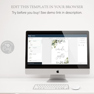 Pu&ograve; includere: Uno schermo di computer che mostra un sito web con un design floreale verde e bianco. Il testo "carte e regali" &egrave; scritto in corsivo nero. Il sito web &egrave; per creare e modificare carte e cartelli stampabili.