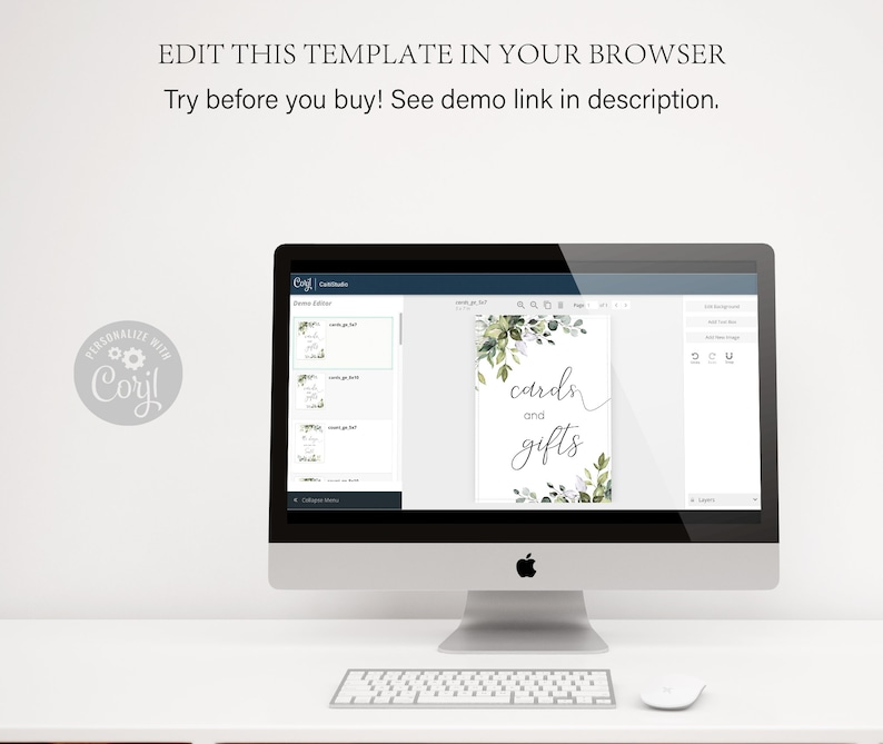 Pu&ograve; includere: Uno schermo di computer che mostra un sito web con un design floreale verde e bianco. Il testo "carte e regali" &egrave; scritto in corsivo nero. Il sito web &egrave; per creare e modificare carte e cartelli stampabili.