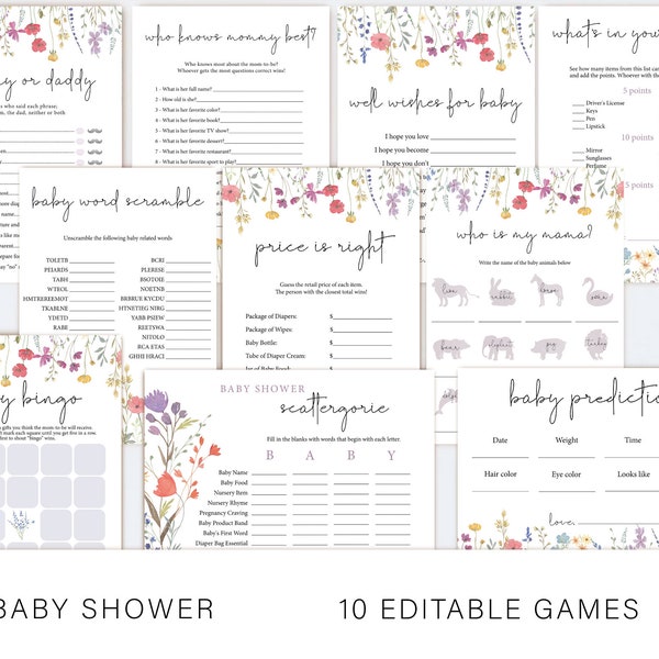 Wildflower Baby Shower Games Bundle, Baby Shower Games Template, Wildflower Floral Baby Games Set, Instant Download, Corjl, WF11