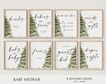 Zimowe zielone tabliczki na baby shower: niestandardowy szablon (do pobrania w wersji cyfrowej)