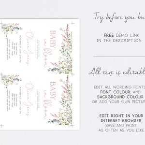 Pu&ograve; includere: Invito per baby shower con accenti floreali. L'invito presenta il testo "BABY in bloom" in una tonalit&agrave; rosa tenue, con dettagli come il nome "Olivia Jones" e le informazioni sull'evento. Il design include delicate illustrazioni floreali.