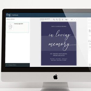May include: A computer screen showing a design template for a memorial candle. The template has a dark blue background with white text that reads "This candle burns in loving memory of those watching from heaven".