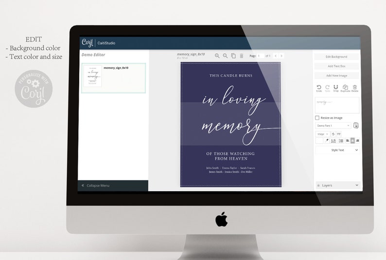 May include: A computer screen showing a design template for a memorial candle. The template has a dark blue background with white text that reads "This candle burns in loving memory of those watching from heaven".