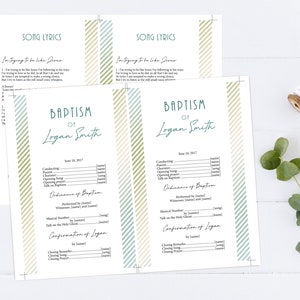 May include: A printable baptism programme template with green and white stripes. The programme includes the name Logan Smith and the date June 18, 2017. The programme includes sections for the conducting, pianist, choir, opening song, opening prayer, talk on baptism, ordinance of baptism, musical number, talk on the Holy Ghost, confirmation of Logan, closing remarks, closing song, and closing prayer.