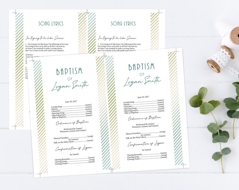 May include: A printable baptism programme template with green and white stripes. The programme includes the name Logan Smith and the date June 18, 2017. The programme includes sections for the conducting, pianist, choir, opening song, opening prayer, talk on baptism, ordinance of baptism, musical number, talk on the Holy Ghost, confirmation of Logan, closing remarks, closing song, and closing prayer.