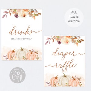 Peut inclure: Deux pancartes imprimables pour une baby shower d'automne. La premi&egrave;re pancarte dit "boissons, servez-vous" avec un motif floral aquarelle et des citrouilles. La deuxi&egrave;me pancarte dit "tombola de couches" avec un motif floral similaire et des citrouilles.