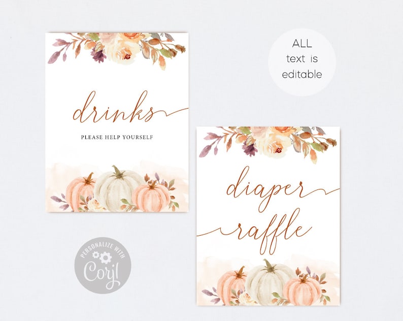 Peut inclure: Deux pancartes imprimables pour une baby shower d'automne. La premi&egrave;re pancarte dit "boissons, servez-vous" avec un motif floral aquarelle et des citrouilles. La deuxi&egrave;me pancarte dit "tombola de couches" avec un motif floral similaire et des citrouilles.