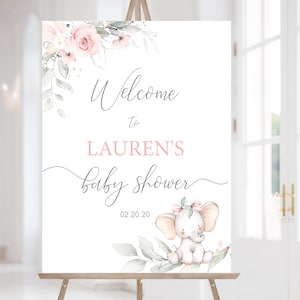 Elefanten-Baby-Dusche-Willkommens-Schild, EDITIERBARE Willkommen druckbar, Elefanten-Grün erröten rosa Baby-Dusche-Willkommensschild, Corjl, PP02