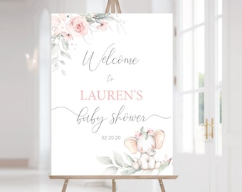 Elephant Baby Shower Welcome Sign: Greenery & Pink (EDITABLE Printable)