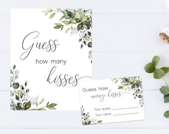 Guess How Many Kisses Bridal Shower Game, Candy Game, Greenery Bridal Shower Game, Editable Template, Instant Download, Corjl, GE01