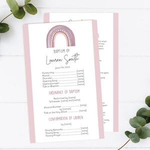 May include: A printable baptism program with a watercolor rainbow design. The program includes the name Lauren Smith and the date June 17th, 2020. The program lists the order of service for the baptism ceremony, including the names of the officiant, pianist, chorister, and other participants.