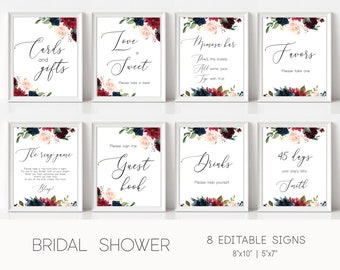 Marsala Navy Bridal Shower Sign Pack: Eucalyptus Floral Decor (Editable, Instant Download)