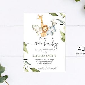 Puede incluir: Una invitaci&oacute;n a una fiesta de bienvenida al beb&eacute; con una ilustraci&oacute;n de acuarela de una jirafa, un elefante, un le&oacute;n y un rinoceronte. El texto dice "oh baby" e incluye el nombre Melissa Smith, la fecha 30 de noviembre de 2019, la hora 3:00 pm, la ubicaci&oacute;n 123 Argent Grove - Slough, y el n&uacute;mero de RSVP 345-8765-4765. La invitaci&oacute;n tambi&eacute;n indica que el registro est&aacute; en Target.