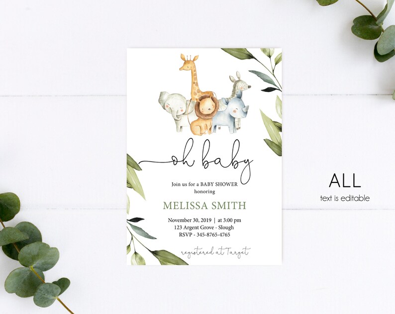 Puede incluir: Una invitaci&oacute;n a una fiesta de bienvenida al beb&eacute; con una ilustraci&oacute;n de acuarela de una jirafa, un elefante, un le&oacute;n y un rinoceronte. El texto dice "oh baby" e incluye el nombre Melissa Smith, la fecha 30 de noviembre de 2019, la hora 3:00 pm, la ubicaci&oacute;n 123 Argent Grove - Slough, y el n&uacute;mero de RSVP 345-8765-4765. La invitaci&oacute;n tambi&eacute;n indica que el registro est&aacute; en Target.
