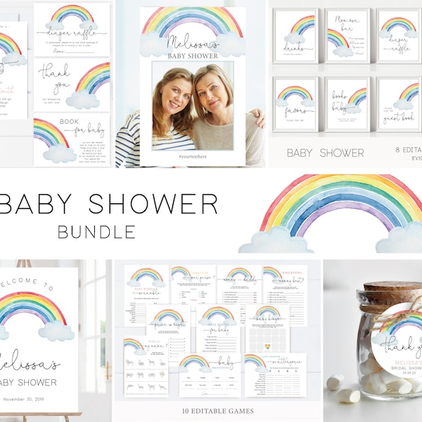 Rainbow Baby Shower Template, Baby Shower Set, Custom Sign, Editable Signs, Baby Shower Bundle, Instant Download, Corjl, RB01