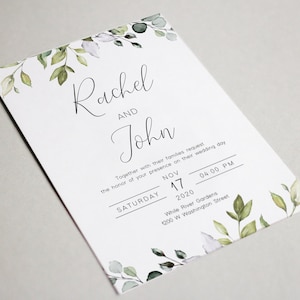 May include: Wedding invitation with a white background and green foliage border. The text reads "Rachel and John" followed by the wedding date and time: "Saturday, November 17, 2020, 04:00 PM". The location is listed as "While River Gardens, 1200 W Washington Street."