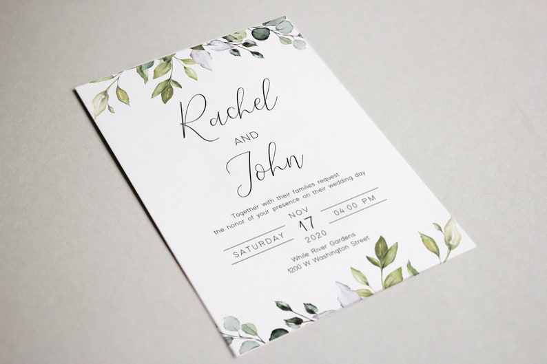 May include: Wedding invitation with a white background and green foliage border. The text reads "Rachel and John" followed by the wedding date and time: "Saturday, November 17, 2020, 04:00 PM". The location is listed as "While River Gardens, 1200 W Washington Street."
