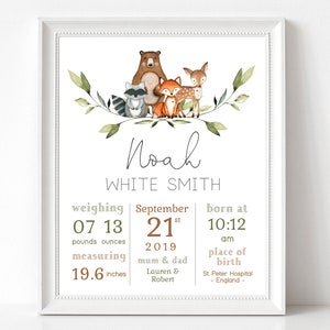 Baby birth print, Woodland Nursery Print, Woodland Animal Print, New Baby Girl Gift, Editable baby birth print, Birth Details, Corjl, WW01