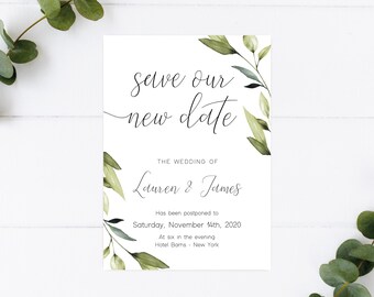 Greenery Save Our New Date Card: Wedding Change (Instant Download)