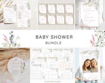 Zestaw na baby shower „Dzikie kwiaty”: edytowalne znaki, gry (do natychmiastowego pobrania)