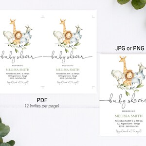May include: Two printable baby shower invitations with a watercolor illustration of a giraffe, lion, elephant, rhino, and monkey. The text on the invitation reads "baby shower" and "honoring Melissa Smith".