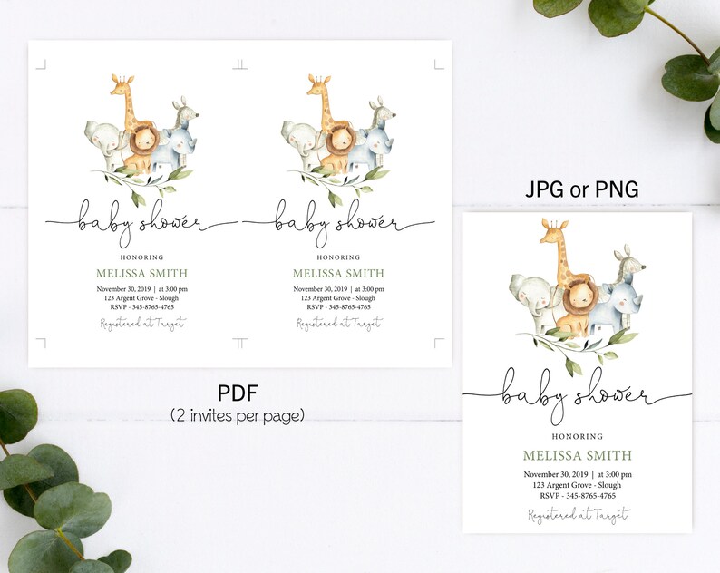 May include: Two printable baby shower invitations with a watercolor illustration of a giraffe, lion, elephant, rhino, and monkey. The text on the invitation reads "baby shower" and "honoring Melissa Smith".