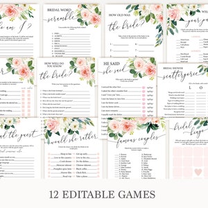 May include: Twelve printable bridal shower game cards with pink floral designs. The games include "Who am I?", "Over or Under", "How Well Do You Know the Bride?", "He Said She Said", "Find the Guest", "Would She Rather", "Famous Couples", "Bridal Bingo", "Bridal Word Scramble", "What's in Your Purse?", "Bridal Shower Scattergorie", and "How Old Was the Bride?"