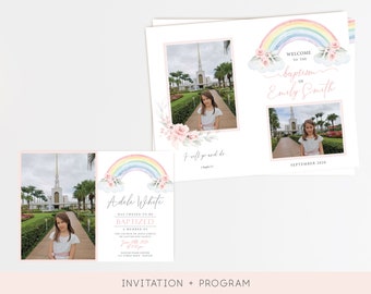 Invitación y programa de bautismo SUD con flores arcoíris (edición imprimible)