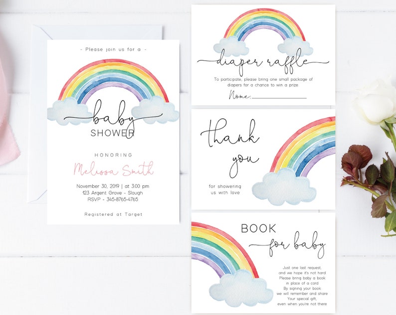 May include: Four printable cards with a rainbow and clouds design. The cards are for a baby shower and include the text "baby shower", "diaper raffle", "thank you", and "book for baby".