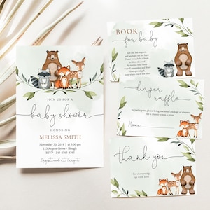 Woodland Animals Baby Shower Bundle, EDITABLE Invitation Printable, Greenery Forest Animal Baby Shower Invitation, Corjl, WW01
