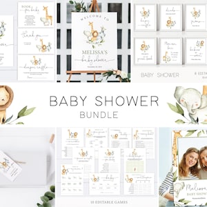 May include: A baby shower bundle with a jungle animal theme. The bundle includes 8 editable signs, 10 editable games, a welcome sign, a book for baby sign, a thank you sign, a diaper raffle sign, a photo booth frame, and a guest book sign. The signs and games feature watercolor illustrations of a lion, giraffe, and elephant.
