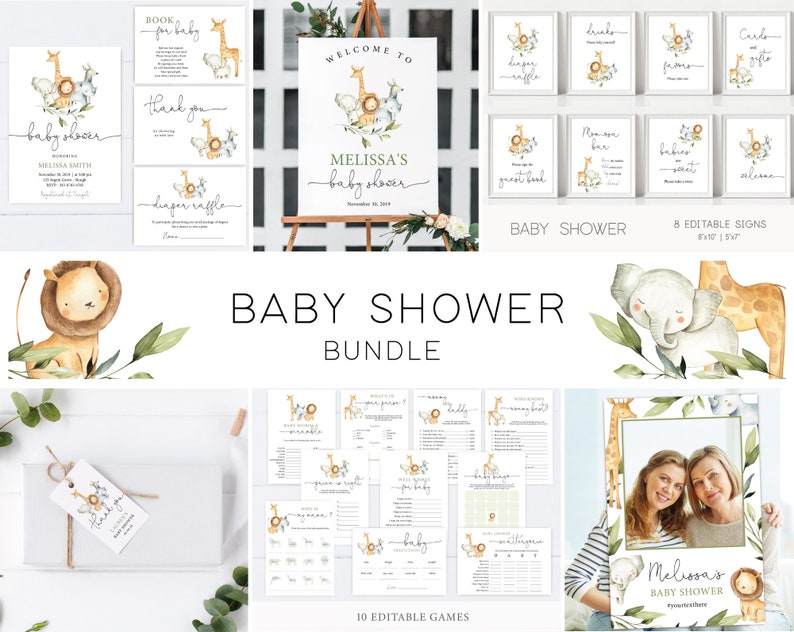 May include: A baby shower bundle with a jungle animal theme. The bundle includes 8 editable signs, 10 editable games, a welcome sign, a book for baby sign, a thank you sign, a diaper raffle sign, a photo booth frame, and a guest book sign. The signs and games feature watercolor illustrations of a lion, giraffe, and elephant.