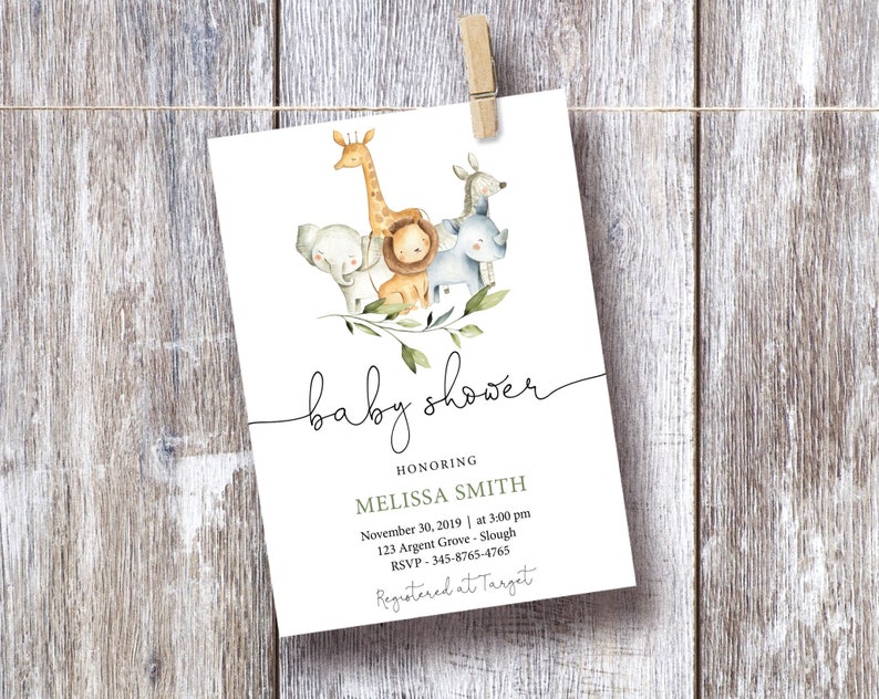 May include: A baby shower invitation with a watercolor illustration of a giraffe, elephant, lion, rhino, and monkey. The text reads "baby shower" and "honoring Melissa Smith". The date, time, location, RSVP information, and registry information are also included.