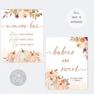 Peut inclure: Deux pancartes imprimables pour une f&ecirc;te pr&eacute;natale. La premi&egrave;re pancarte est un design aquarelle p&ecirc;che et blanc avec des citrouilles et des fleurs. Le texte indique "momosa bar" et comprend des instructions pour faire un mimosa. La deuxi&egrave;me pancarte est un design aquarelle p&ecirc;che et blanc avec des citrouilles et des fleurs. Le texte indique "les b&eacute;b&eacute;s sont doux" et comprend le texte "Veuillez prendre une friandise".