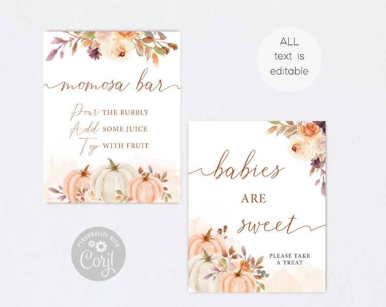 Peut inclure: Deux pancartes imprimables pour une f&ecirc;te pr&eacute;natale. La premi&egrave;re pancarte est un design aquarelle p&ecirc;che et blanc avec des citrouilles et des fleurs. Le texte indique "momosa bar" et comprend des instructions pour faire un mimosa. La deuxi&egrave;me pancarte est un design aquarelle p&ecirc;che et blanc avec des citrouilles et des fleurs. Le texte indique "les b&eacute;b&eacute;s sont doux" et comprend le texte "Veuillez prendre une friandise".