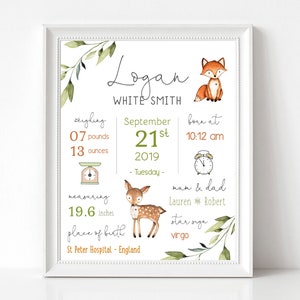 Impresión de nacimiento de bebé, Impresión de vivero de bosque, Impresión de animales de bosque, Regalo de nueva niña, Impresión de nacimiento de bebé editable, Detalles de nacimiento, Corjl, WW01