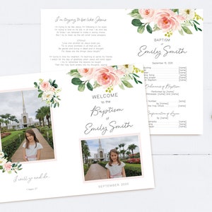 May include: A welcome to baptism program with a floral design and a photo of a young girl in a white dress. The program includes the text "Welcome to the Baptism of Emily Smith" and "September 2020".