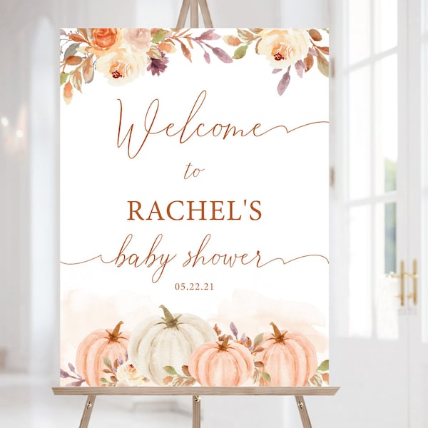 Pumpkin welcome sign Fall baby shower decor, Gender Neutral baby shower, Autumn Editable welcome sign, Instant Download, Corjl, AT33