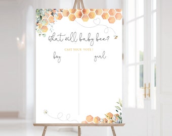 May include: A white sign with a honeycomb and floral design. The sign says "What will baby bee?" and has a space for guests to vote for boy or girl.