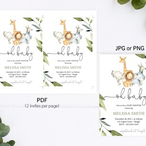 Puede incluir: Dos invitaciones imprimibles para una baby shower con una ilustraci&oacute;n de acuarela de una jirafa, un le&oacute;n, un elefante y un rinoceronte con hojas verdes. El texto de la invitaci&oacute;n dice "Oh Baby!" e incluye el nombre "Melissa Smith" y la fecha y hora de la ducha. Las invitaciones est&aacute;n disponibles en formatos PDF, JPG o PNG.