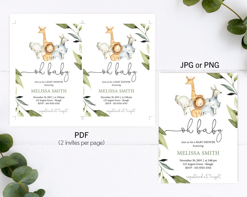 Puede incluir: Dos invitaciones imprimibles para una baby shower con una ilustraci&oacute;n de acuarela de una jirafa, un le&oacute;n, un elefante y un rinoceronte con hojas verdes. El texto de la invitaci&oacute;n dice "Oh Baby!" e incluye el nombre "Melissa Smith" y la fecha y hora de la ducha. Las invitaciones est&aacute;n disponibles en formatos PDF, JPG o PNG.