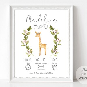 Pu&ograve; includere: Un annuncio di nascita stampabile con un'illustrazione ad acquerello di una giraffa circondata da una ghirlanda di foglie verdi. L'annuncio include il nome del bambino, Madeline, la data di nascita, 12.01.2020, e le statistiche di nascita: 10:12, 7 libbre, 13 once e 19,6 pollici. Il testo "Mum & Dad: Lauren & Robert" &egrave; incluso.