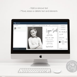 Pode incluir: Um ecr&atilde; de computador a mostrar um modelo de design digital para um convite de batismo. O modelo apresenta uma fotografia a preto e branco de um rapaz, o texto "Logan Smith Batismo Nov 16 2019" e um design floral decorativo.