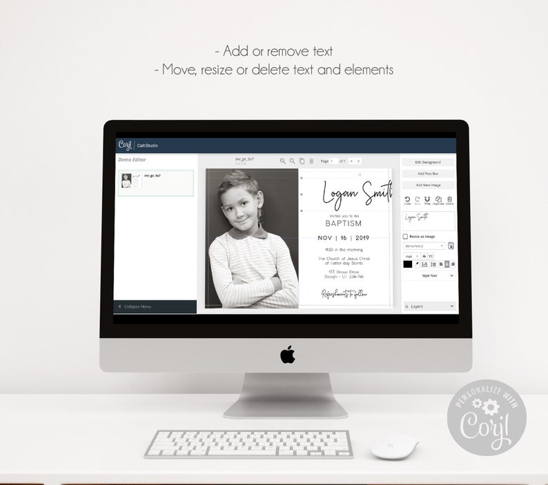 Pode incluir: Um ecr&atilde; de computador a mostrar um modelo de design digital para um convite de batismo. O modelo apresenta uma fotografia a preto e branco de um rapaz, o texto "Logan Smith Batismo Nov 16 2019" e um design floral decorativo.