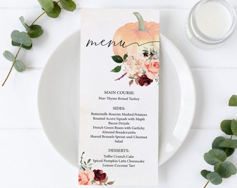 Thanksgiving Dinner Menu: Floral Pumpkin Design (Editable, Printable)