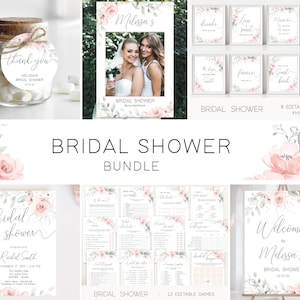 Blush Pink Green Bridal Shower Template, Bridal Shower Set, Custom Sign, Editable Signs, Bridal Shower Bundle, Instant Download, Corjl, GR01